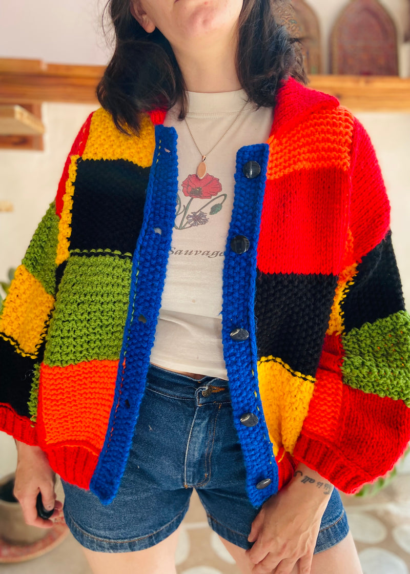 VINTAGE Hand Knitted Patchwork Harry Styles Cardigan - M