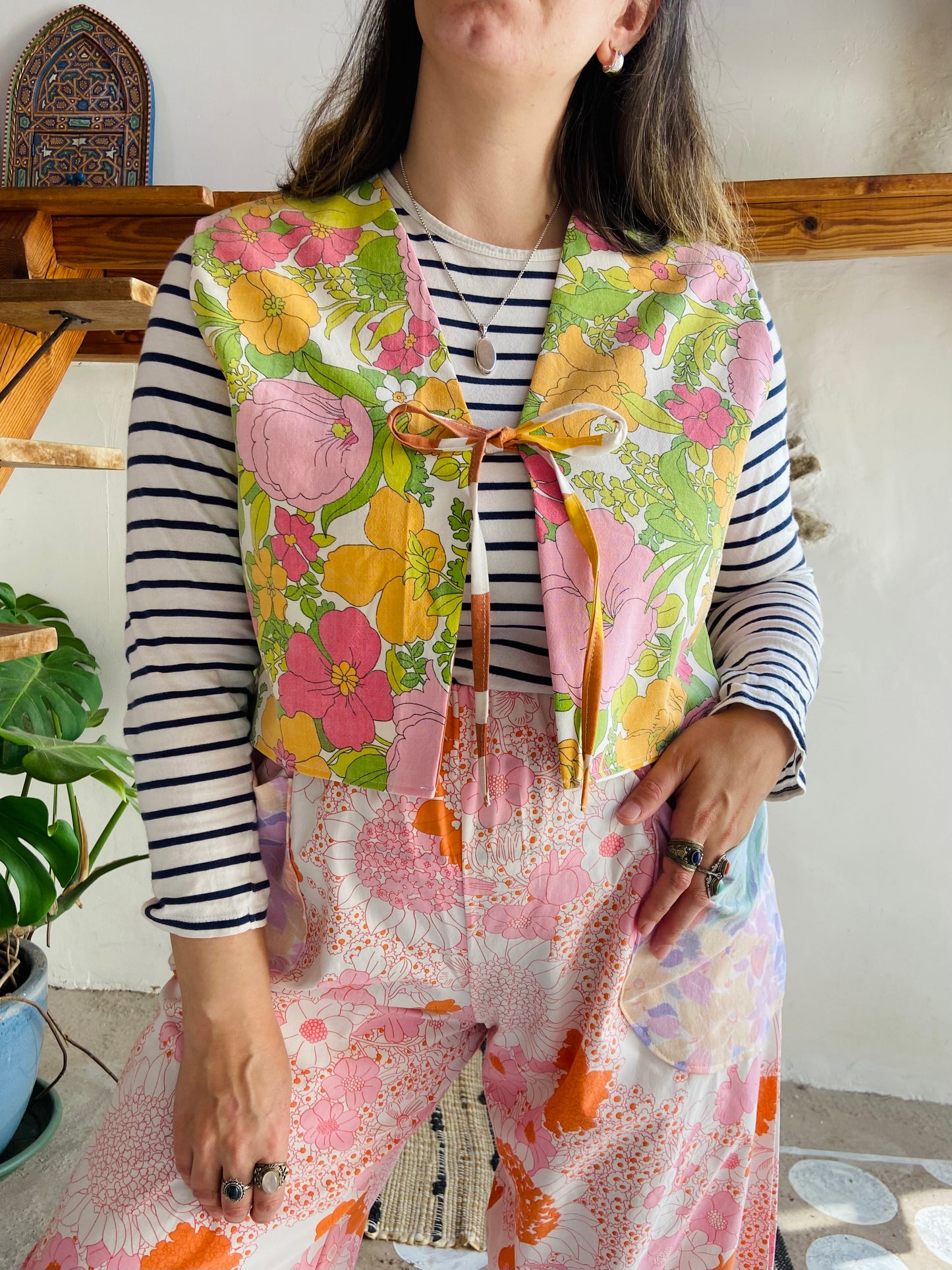 DESERT FOX 70's Orange & Pink Floral Reversible Waistcoat - S/M