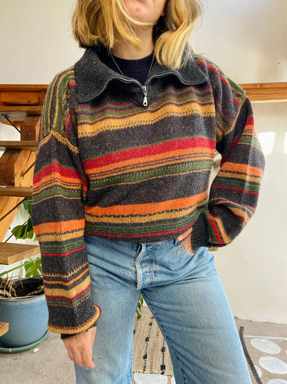 VINTAGE 90’s Multicolour Grey Stripe Oversized Jumper - L