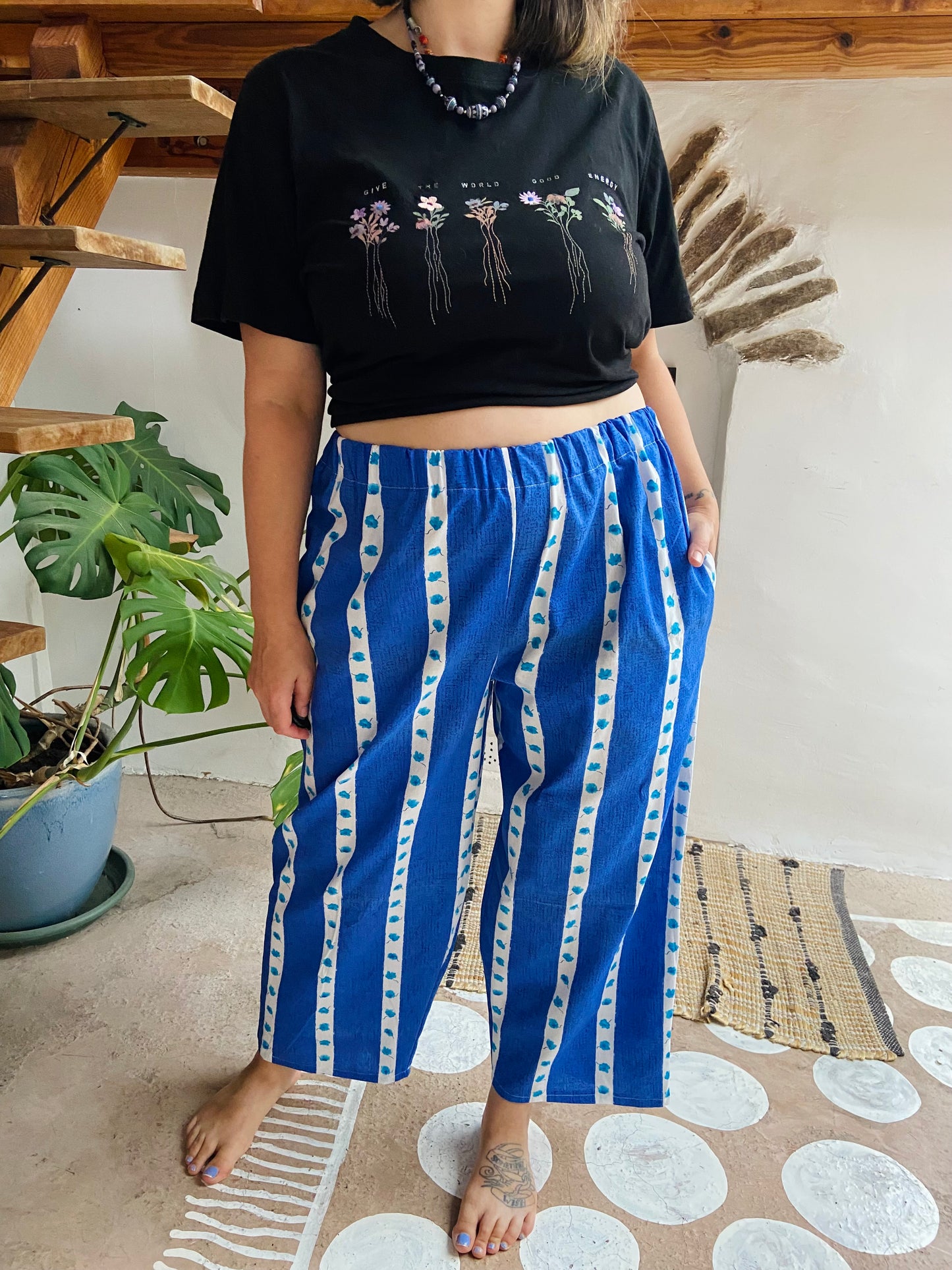 DESERT FOX Lola Floral Blue Stripe Wide Leg Trousers - M/L