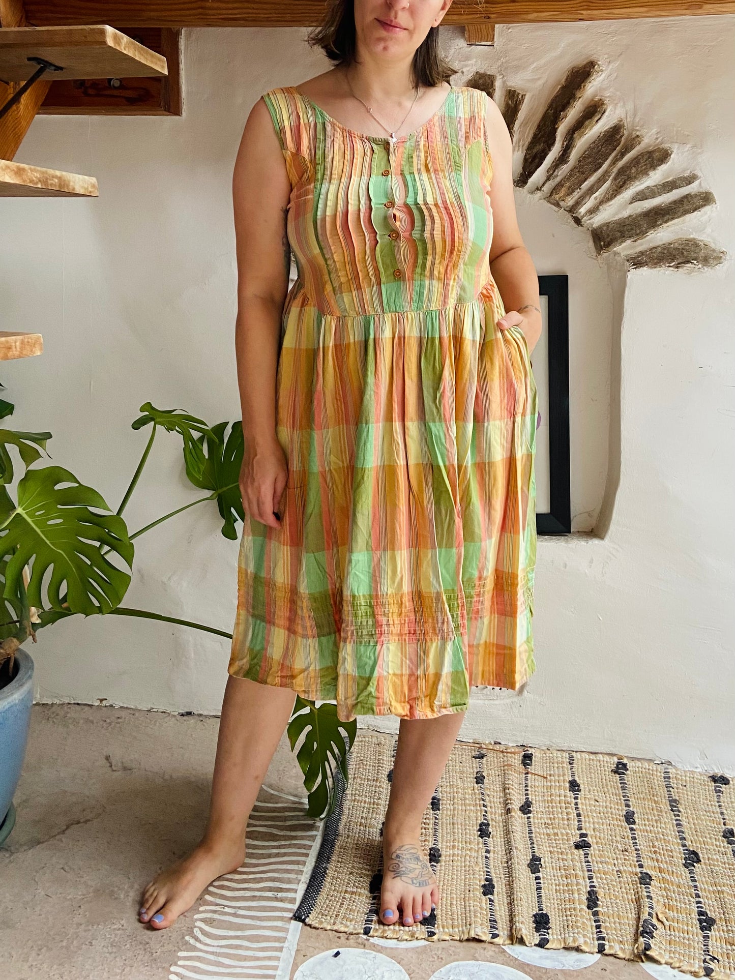 VINTAGE 90's Pastel Checked Midi Dress - M/L