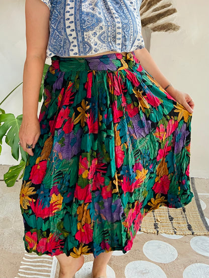 VINTAGE 90’s Bright Floral Print High Waisted Midi Skirt - S