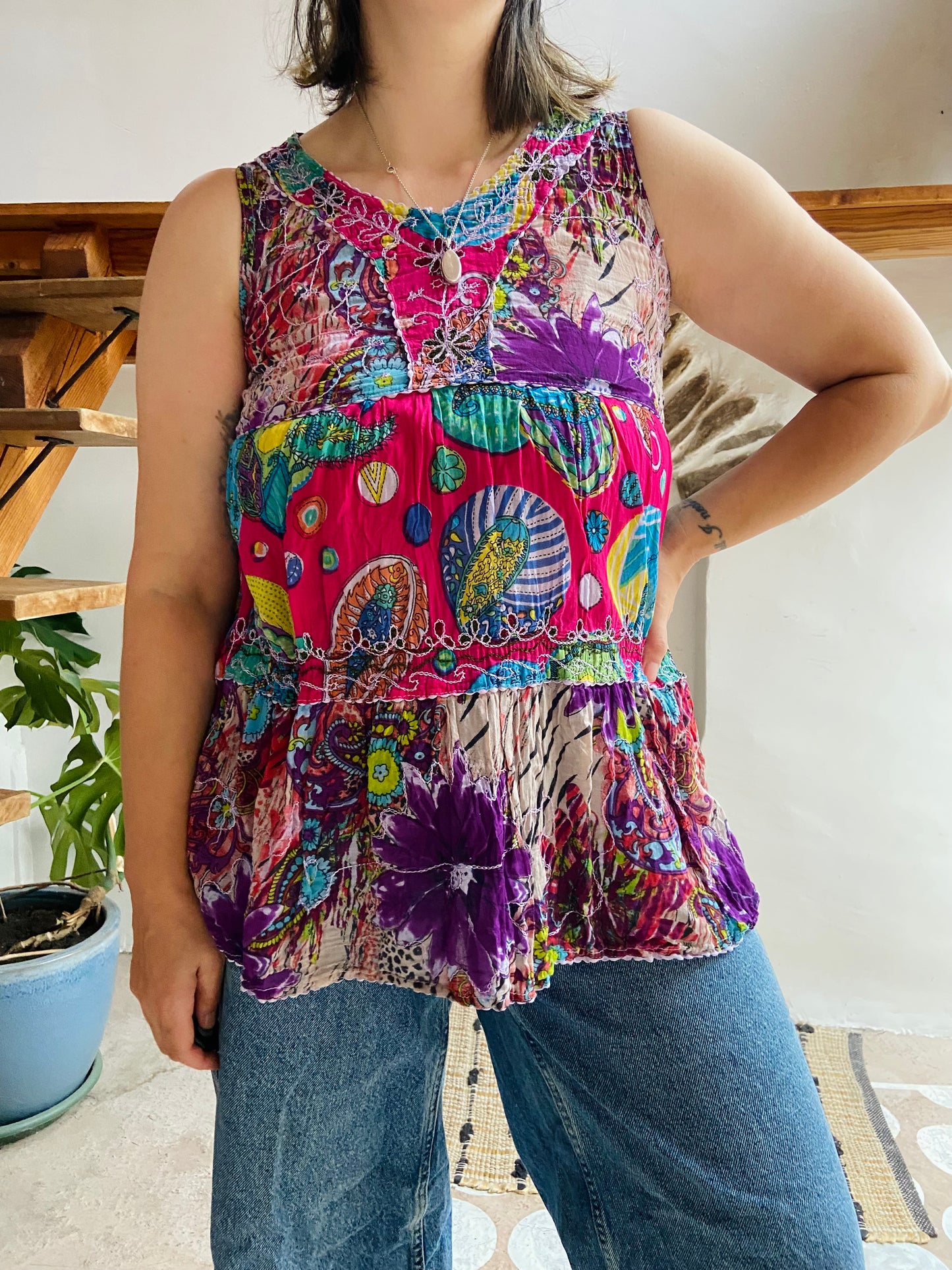 VINTAGE 90's Bohemian Print Hippie Sleeveless Top - XS/S