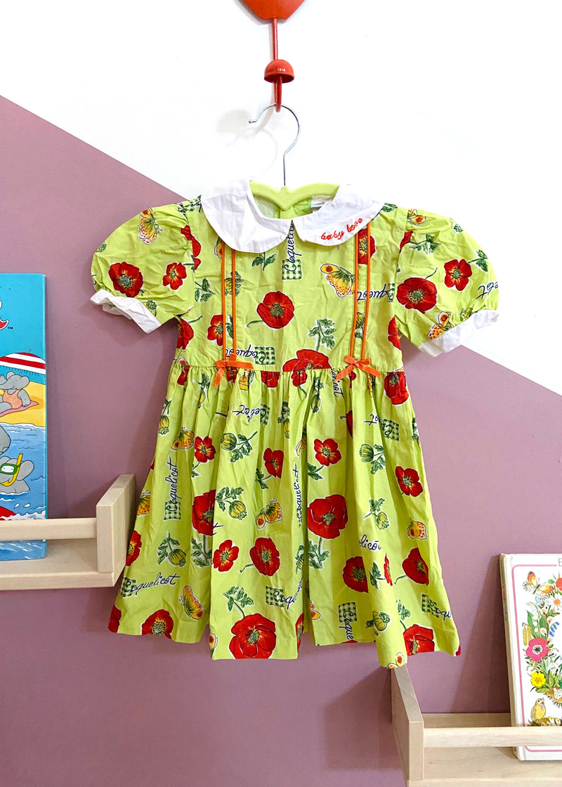 VINTAGE 80’s Poppy Print Green Peter Pan Collar Dress - 18 months