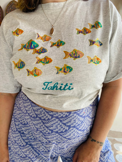 VINTAGE 90's Grey Tahiti Fish Oversized Tee - M/L