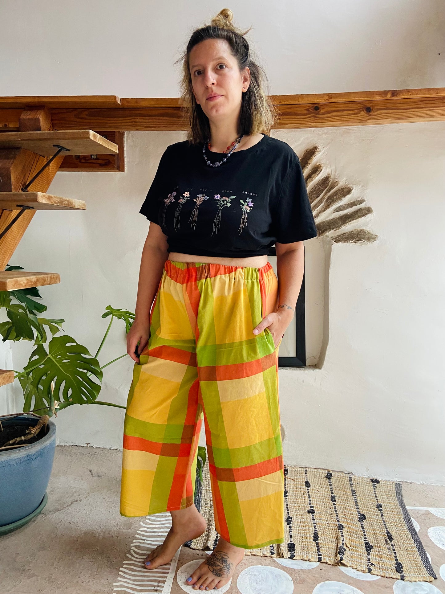 DESERT FOX Orange Checked Stripe Wide Leg Trousers - S/M