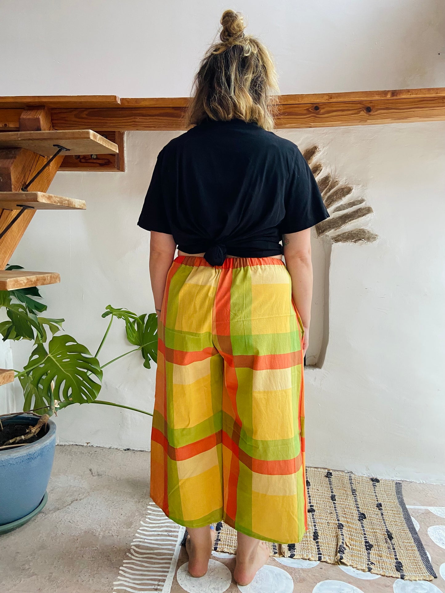 DESERT FOX Orange Checked Stripe Wide Leg Trousers - S/M