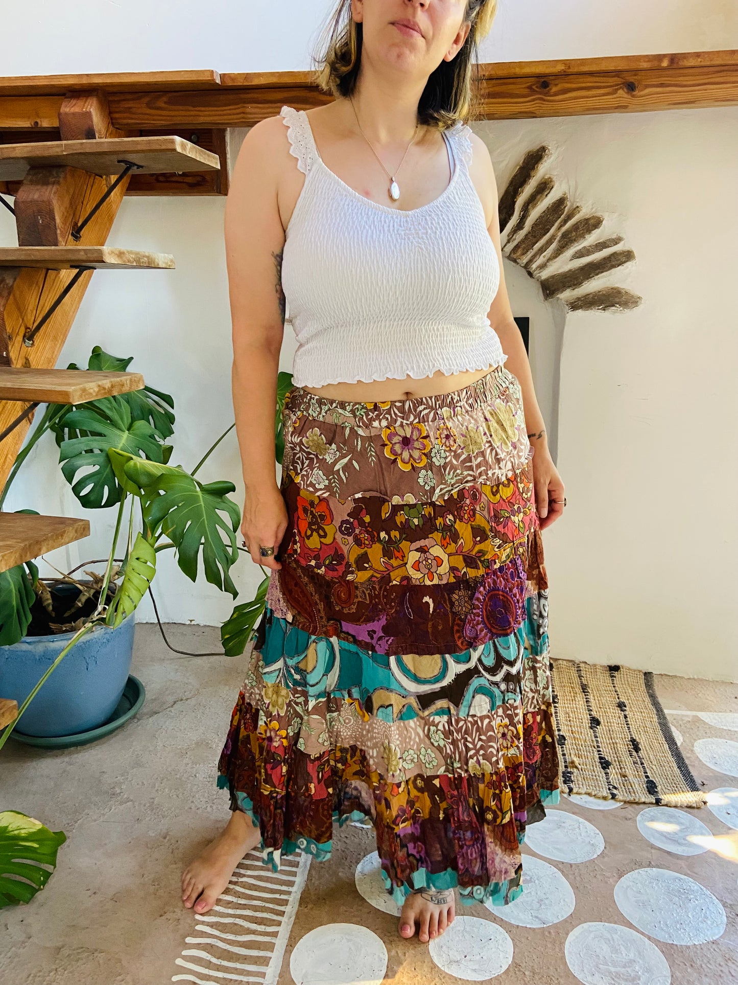 VINTAGE 90's Bohemian Patchwork Ruffle Maxi Skirt - L