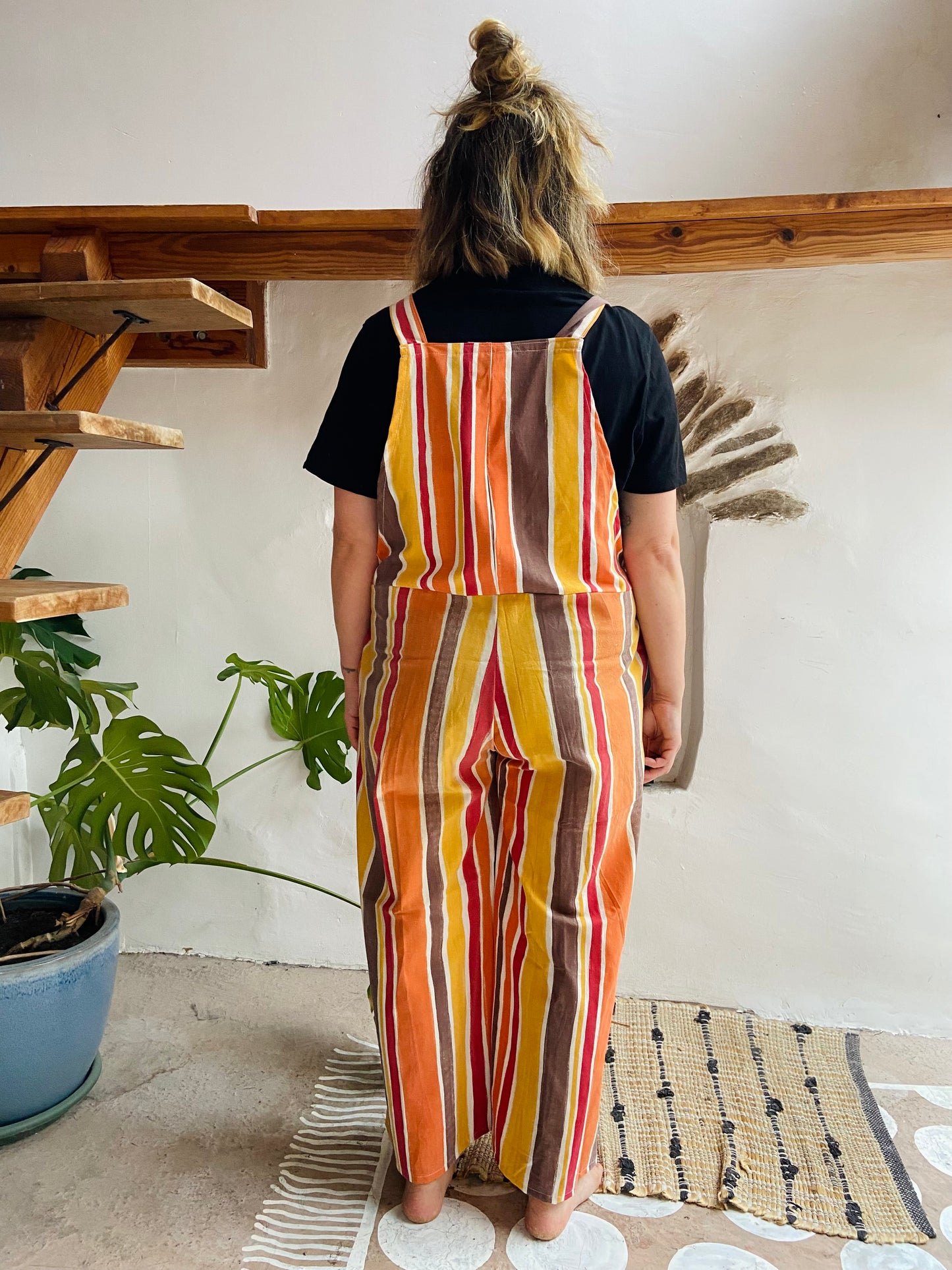 DESERT FOX Orange & Brown Stripe Wide Leg Dungarees - M/L
