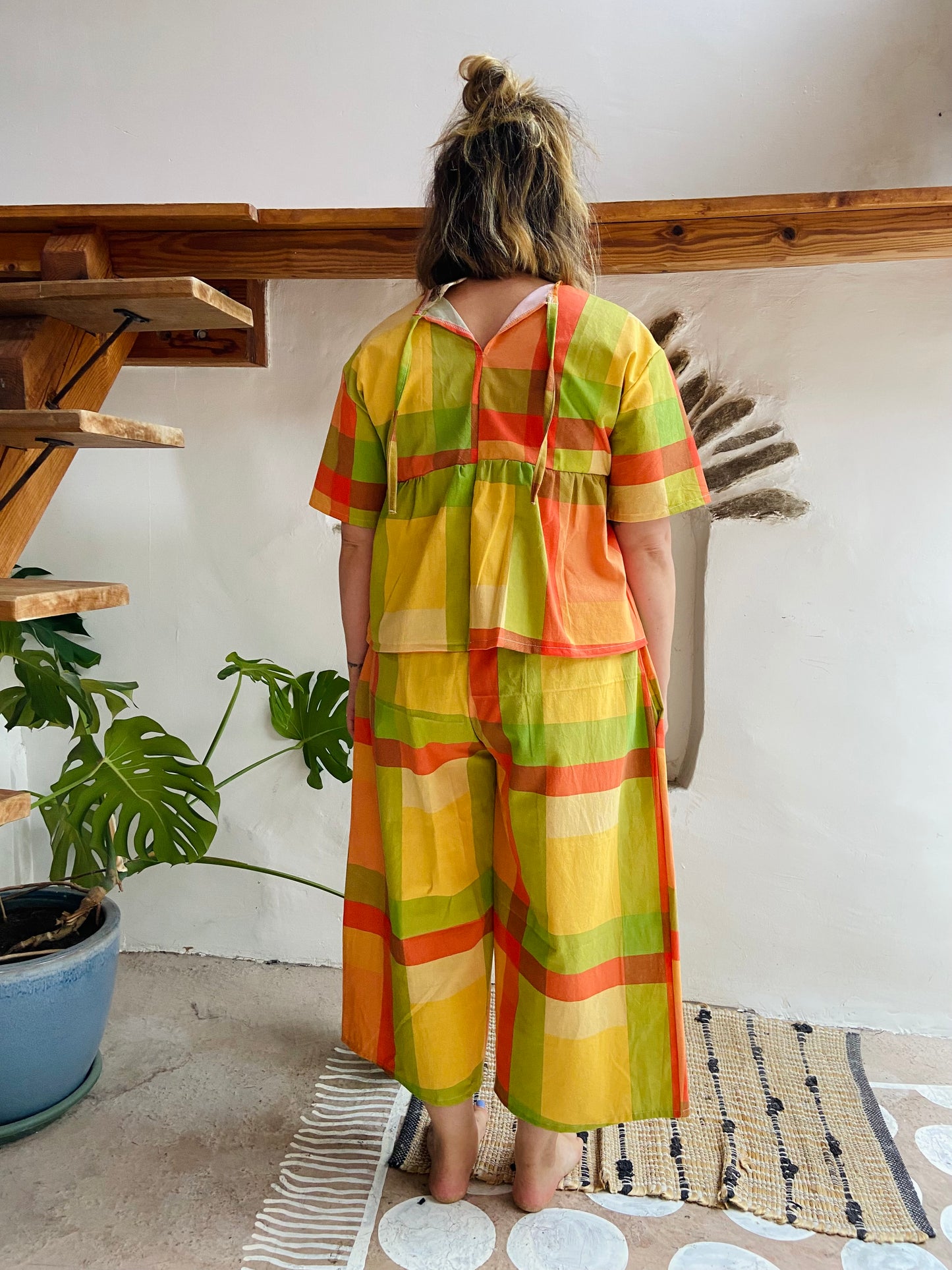 DESERT FOX Orange Checked Stripe Wide Leg Trousers - S/M