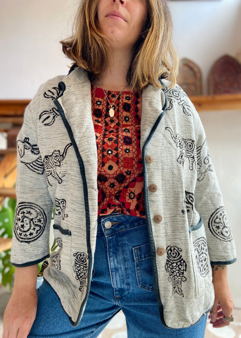 VINTAGE Bohemian Hippie Grey Printed Jacket - M