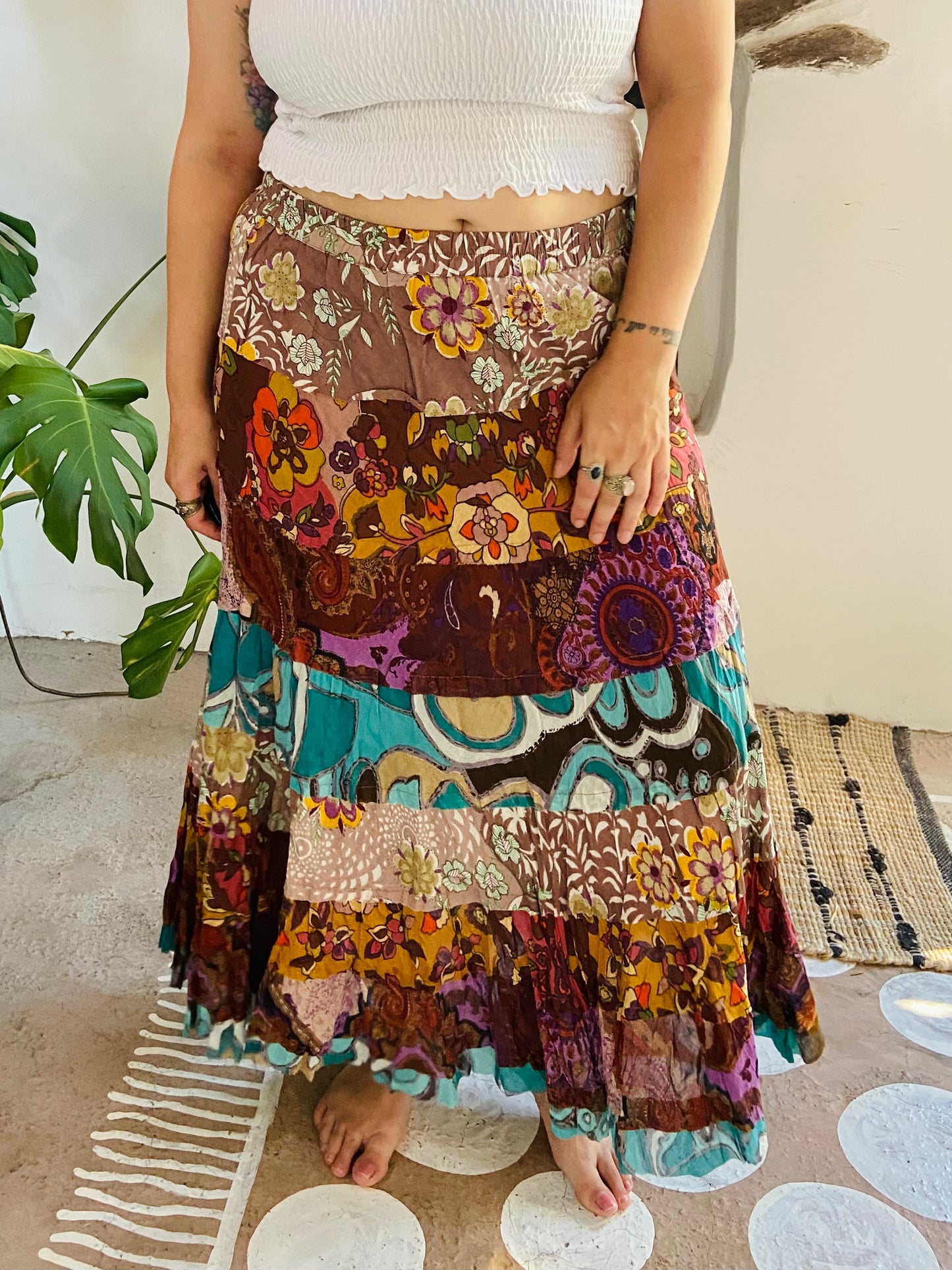 VINTAGE 90's Bohemian Patchwork Ruffle Maxi Skirt - L
