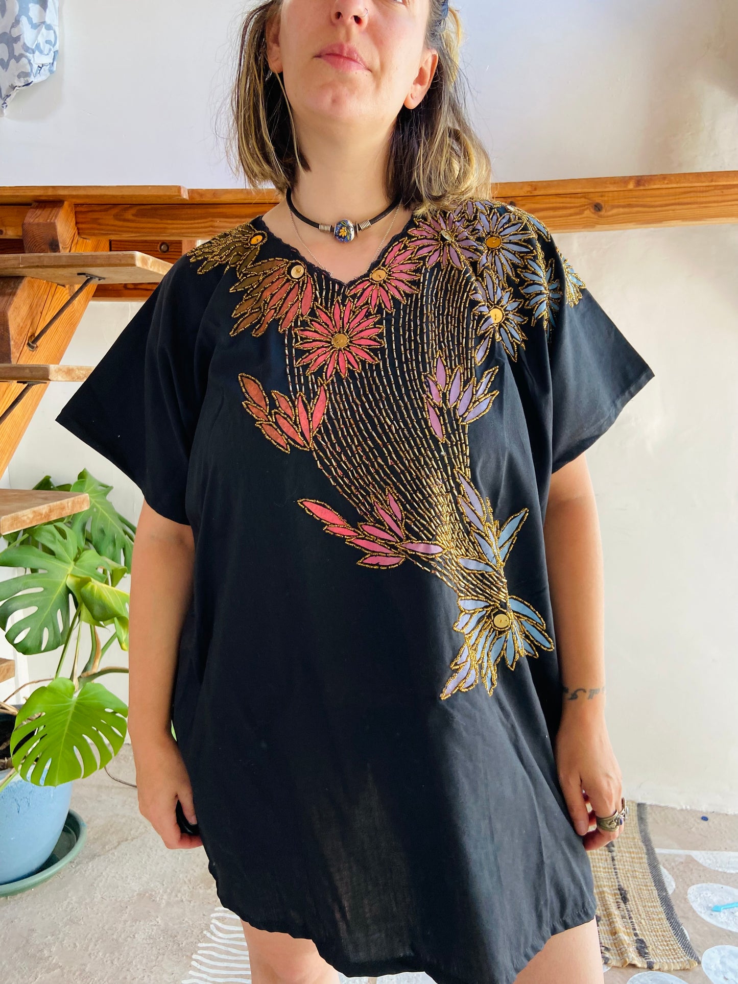 VINTAGE 80's Black Cotton Floral Beaded Mini Dress - M/L