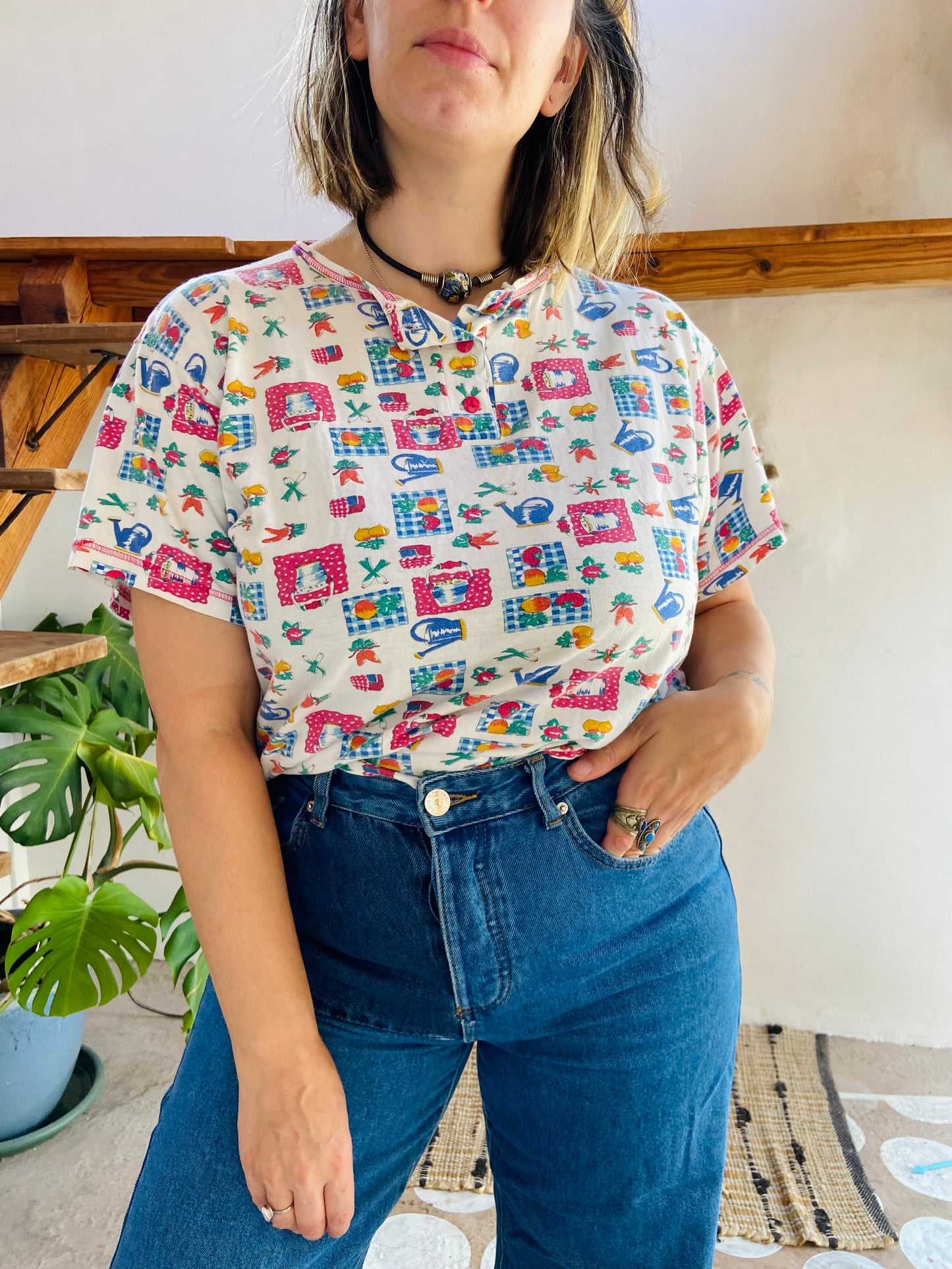 VINTAGE 90's Vegetable Pattern Short Sleeve T-shirt - M