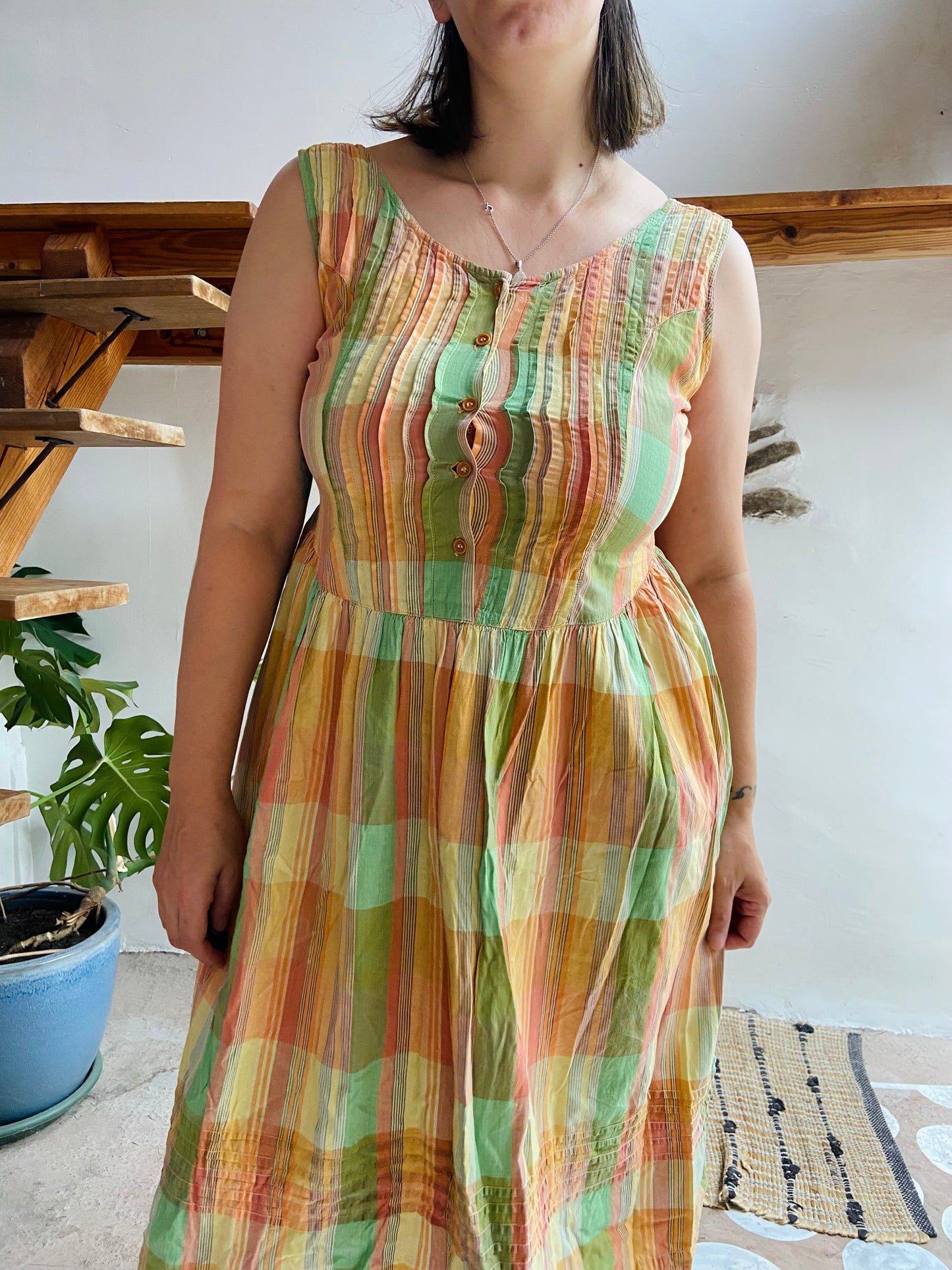 VINTAGE 90's Pastel Checked Midi Dress - M/L