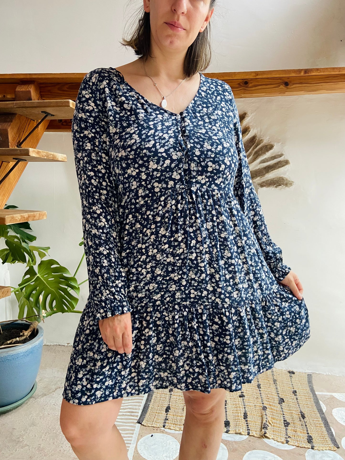 VINTAGE 90's Floral Blue Long Sleeve Dress - M/L
