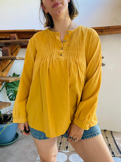 VINTAGE Yellow Long Sleeve Bohemian Tunic Top L/XL