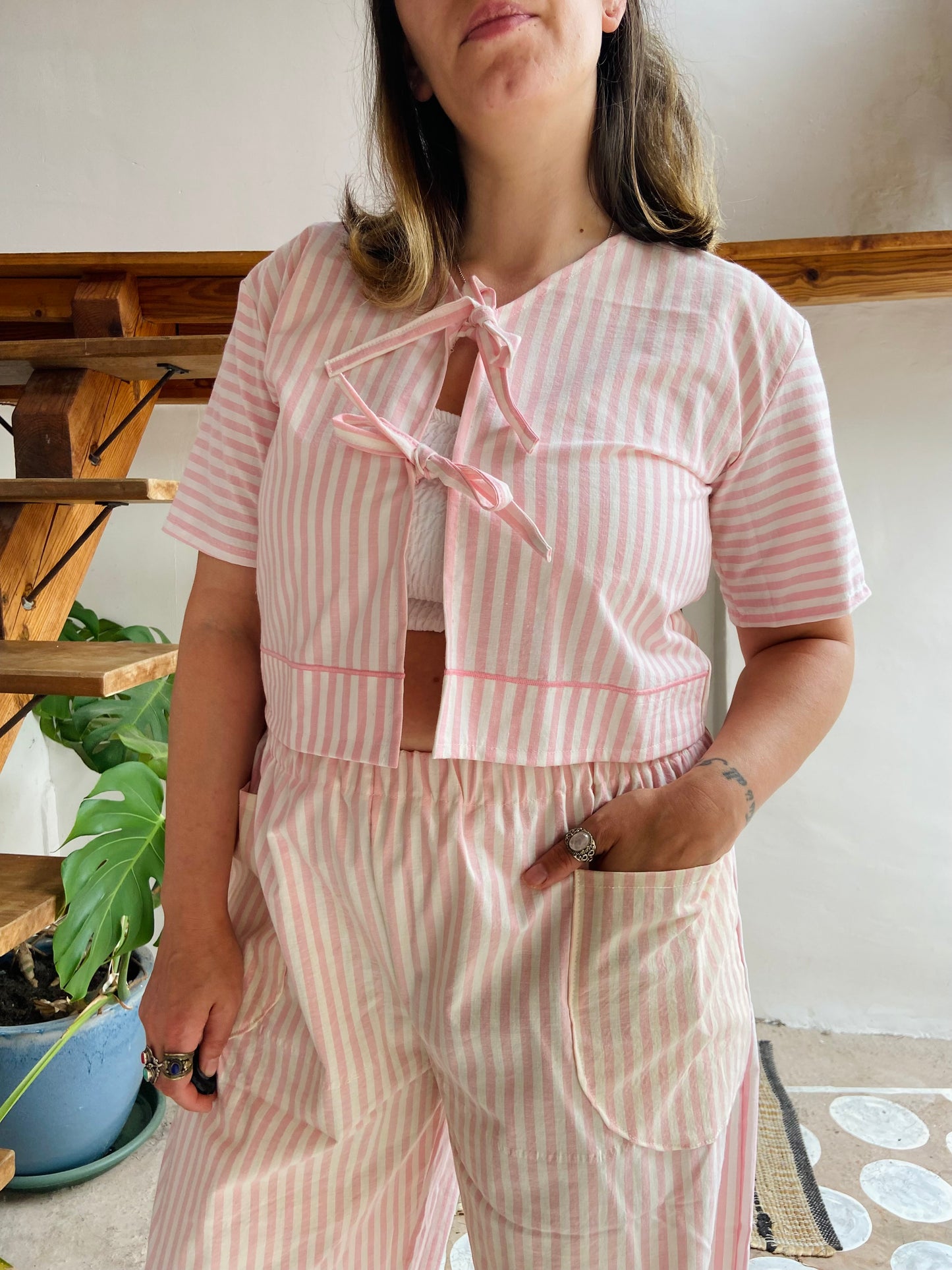 DESERT FOX Pink & White Stripe Print Tie Front Crop Top - S/M