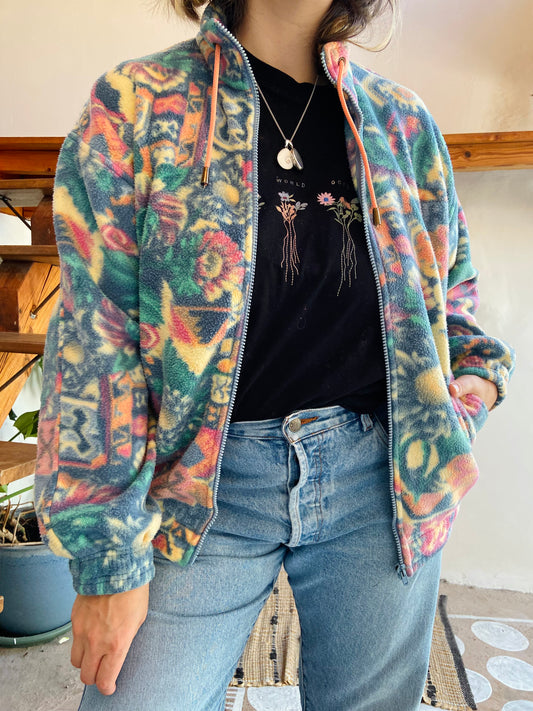 VINTAGE 90's Pastel Floral Zip Up Fleece - S/M
