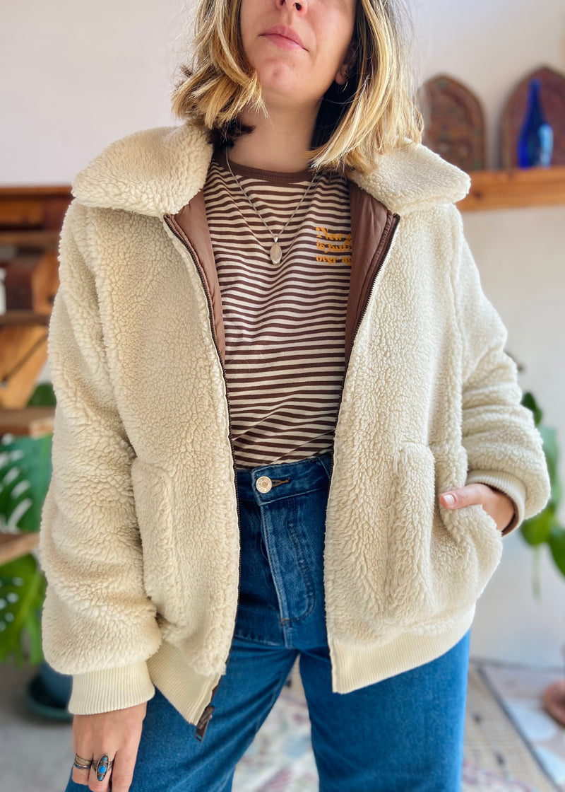 VINTAGE 90's Faux Fur Shearling Reversible Bomber Jacket Coat - M/L