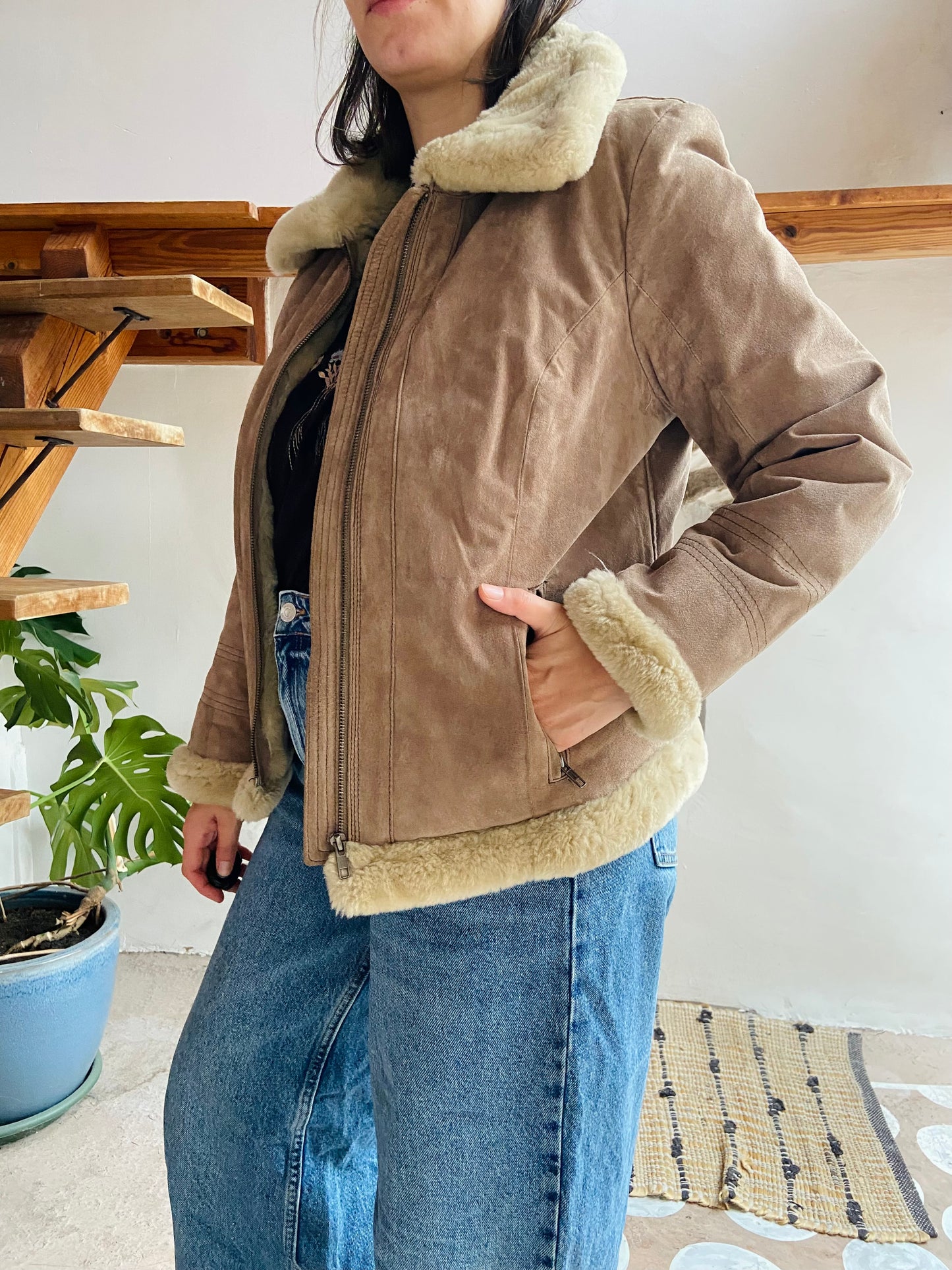 VINTAGE Retro Suede Tan Faux Fur Jacket Coat - M/L