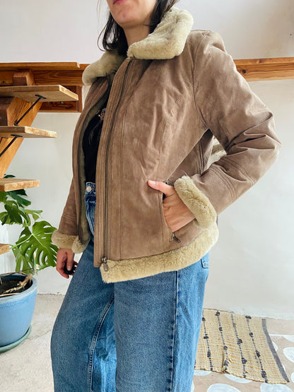 VINTAGE Retro Suede Tan Faux Fur Jacket Coat - M/L
