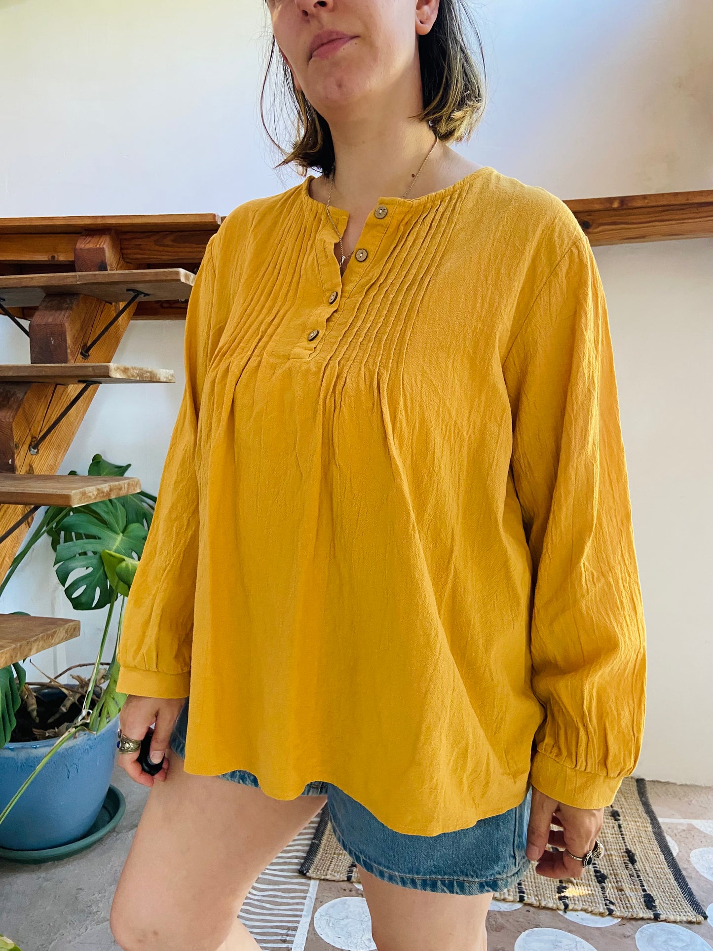 VINTAGE Yellow Long Sleeve Bohemian Tunic Top L/XL
