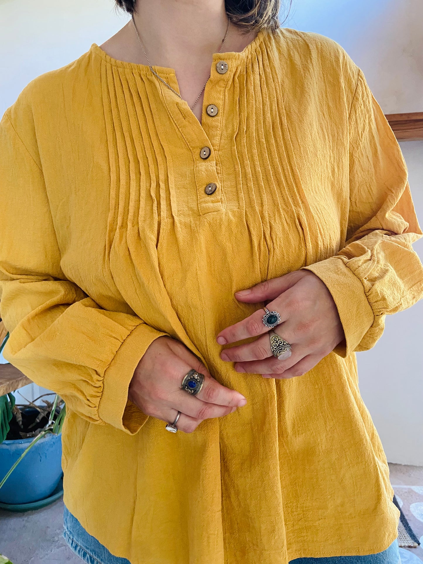 VINTAGE Yellow Long Sleeve Bohemian Tunic Top L/XL