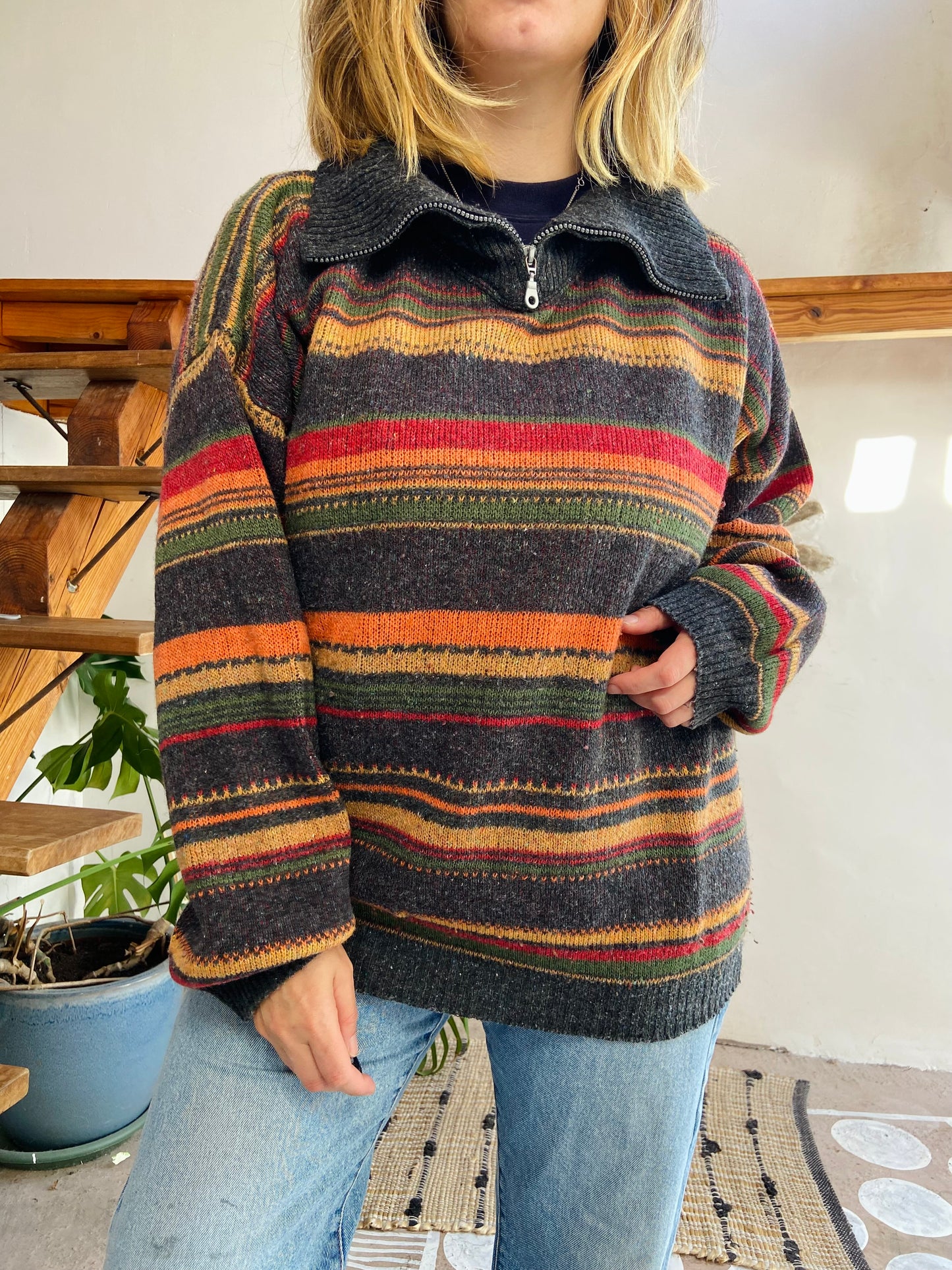 VINTAGE 90’s Multicolour Grey Stripe Oversized Jumper - L