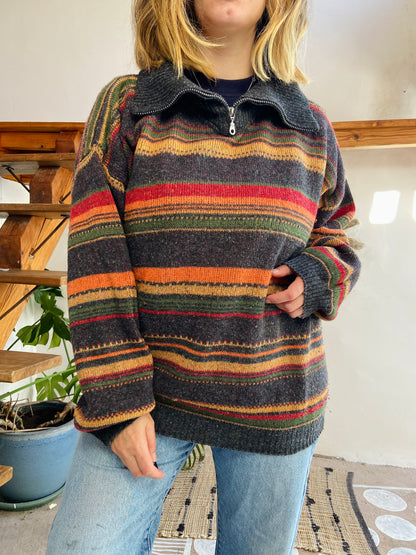 VINTAGE 90’s Multicolour Grey Stripe Oversized Jumper - L