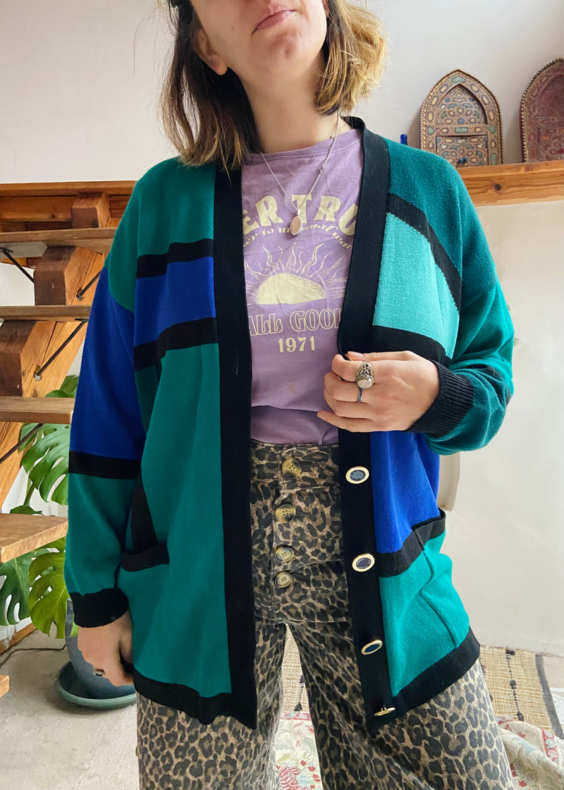 VINTAGE 80's Block Print Blue & Green Long Sleeve Cardigan - S/M