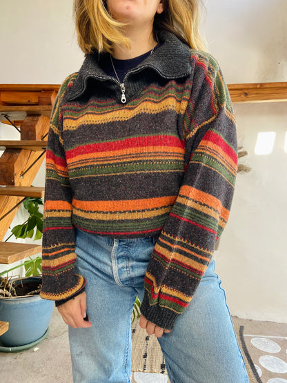 VINTAGE 90’s Multicolour Grey Stripe Oversized Jumper - L