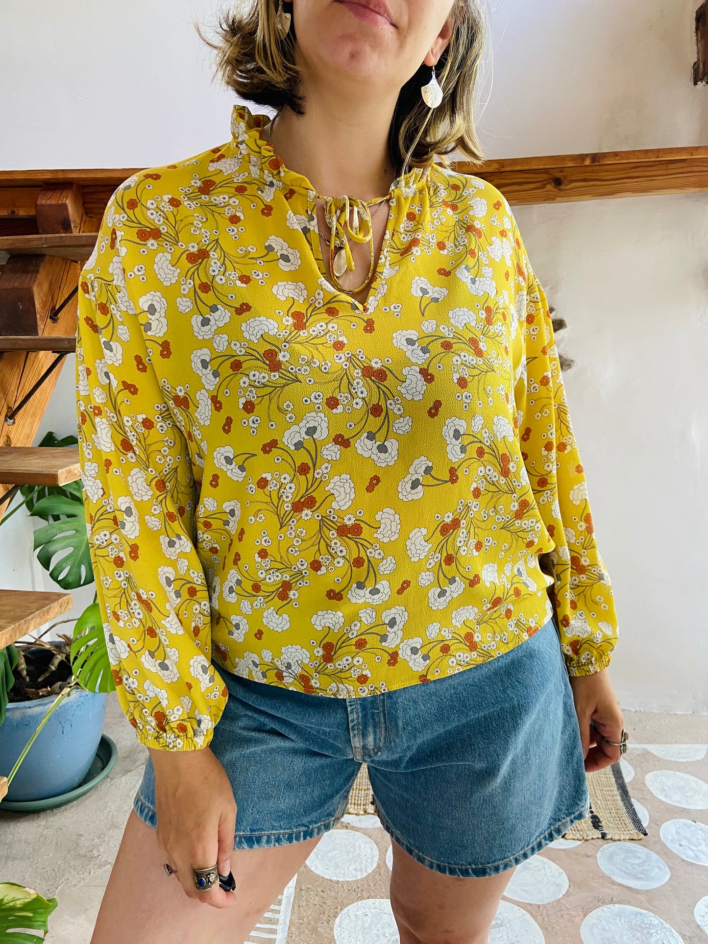 VINTAGE Y2K Yellow Floral Bohemian Blouse - M/L