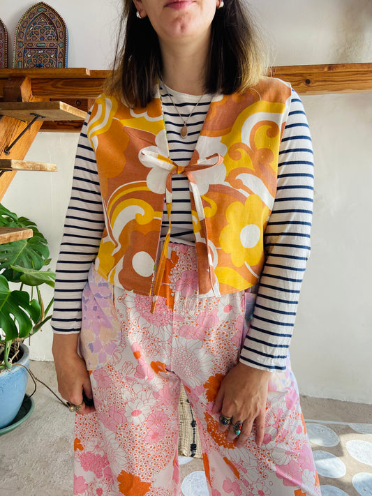 DESERT FOX 70's Orange & Pink Floral Reversible Waistcoat - S/M