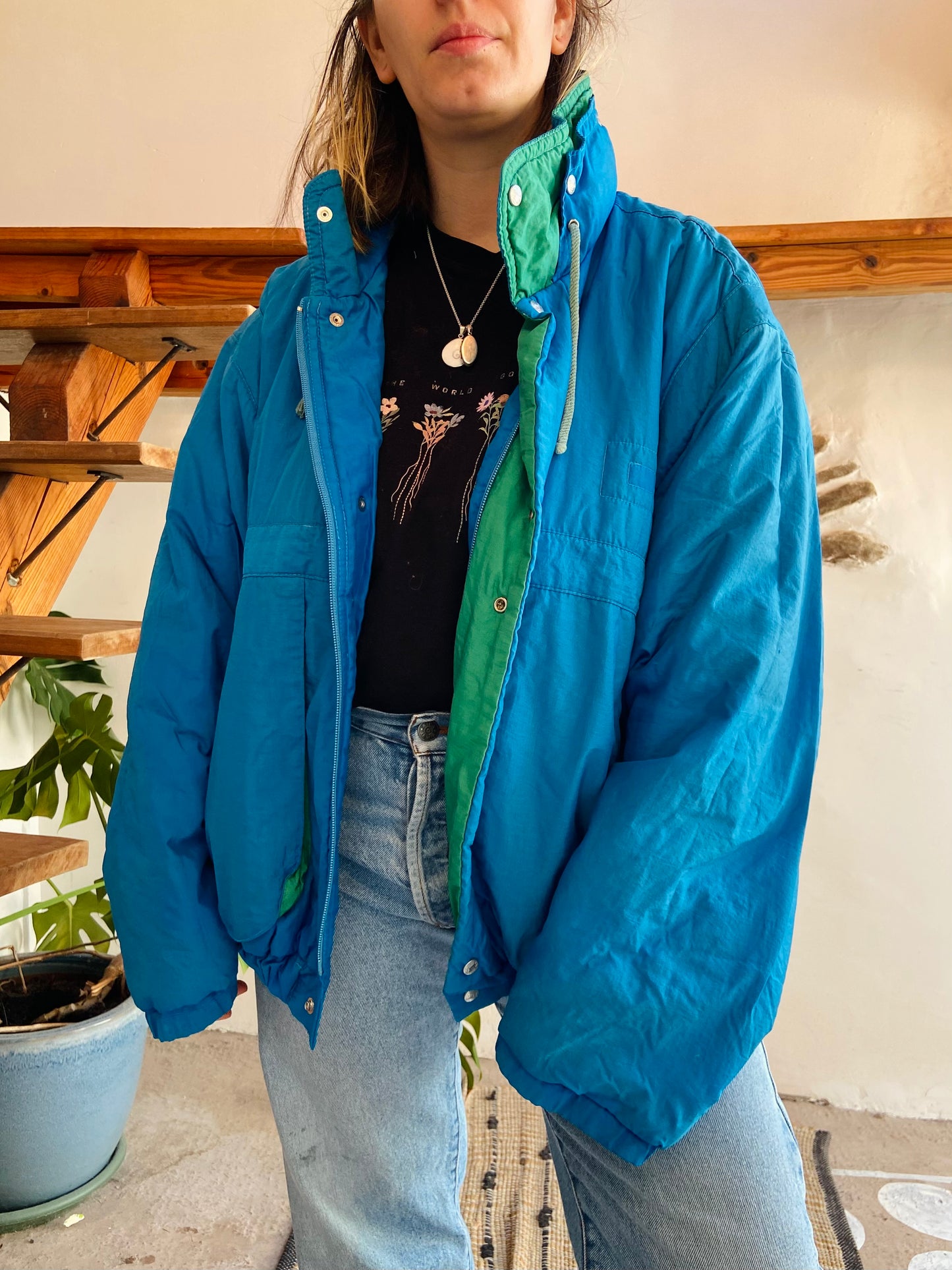 VINTAGE 80's Retro Blue & Green Raincoat Funky - L/XL