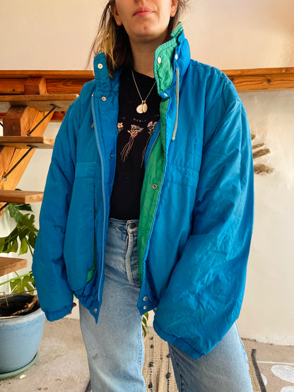 VINTAGE 80's Retro Blue & Green Raincoat Funky - L/XL