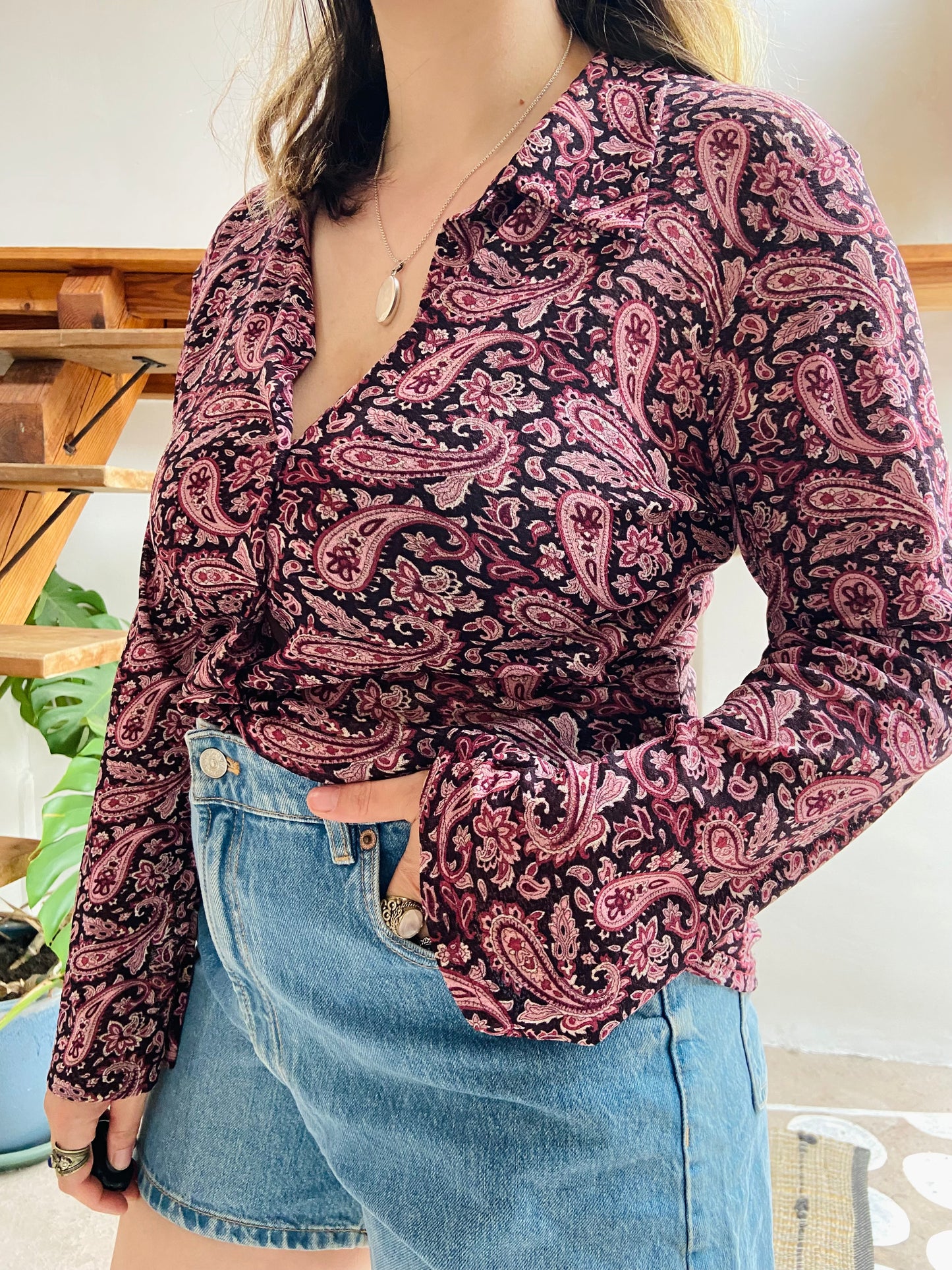 VINTAGE 90's Purple Paisley Long Sleeve Shirt - M