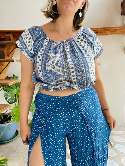 VINTAGE Blue Polkadot Slit Front Wide Leg Trousers - M