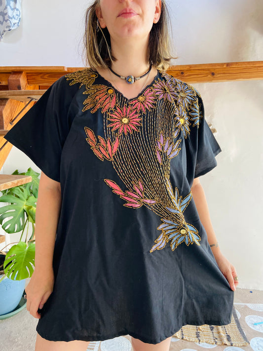 VINTAGE 80's Black Cotton Floral Beaded Mini Dress - M/L