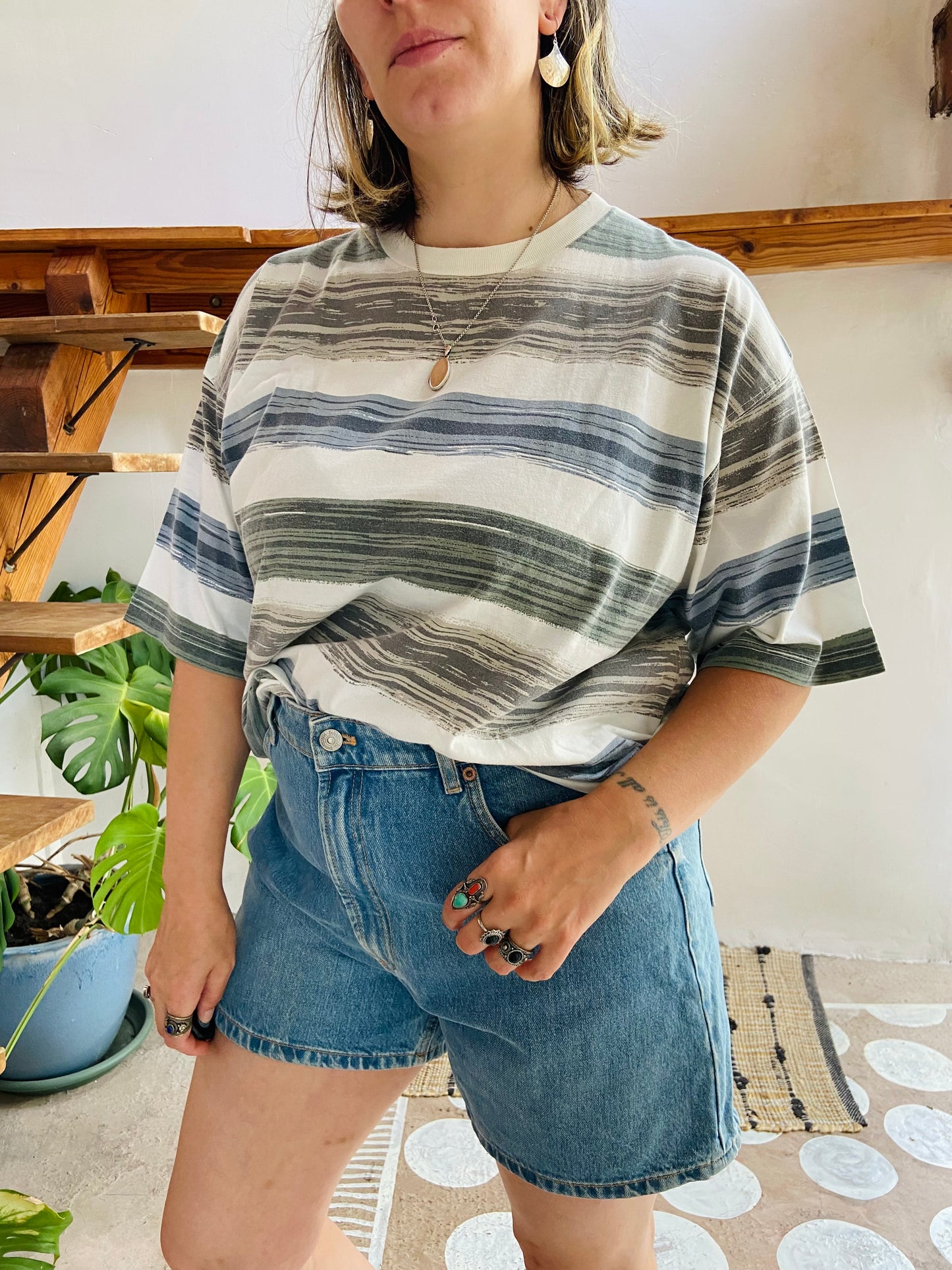 VINTAGE 90’s Stripe Grunge Short Sleeve Tee T-Shirt - L