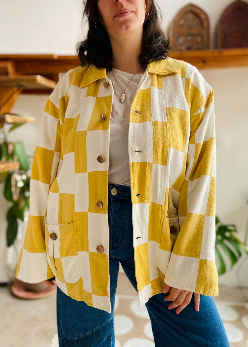 VINTAGE 90's Checkerboard Yellow and White Cotton Jacket - M