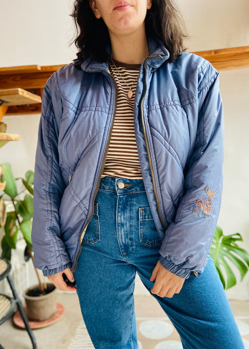 VINTAGE 80’s Blue Quilted Embroidered Puffa Jacket - MVINTAGE 80’s Blue Quilted Embroidered Puffa Jacket - M
