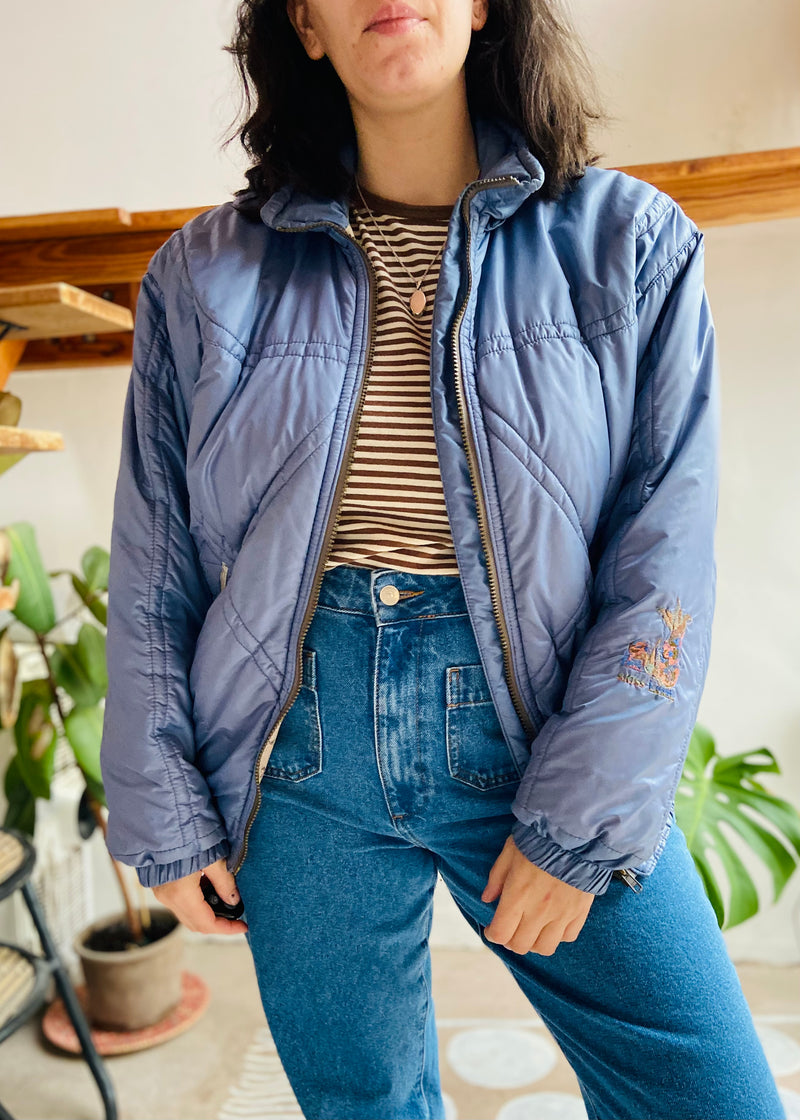 VINTAGE 80’s Blue Quilted Embroidered Puffa Jacket - MVINTAGE 80’s Blue Quilted Embroidered Puffa Jacket - M