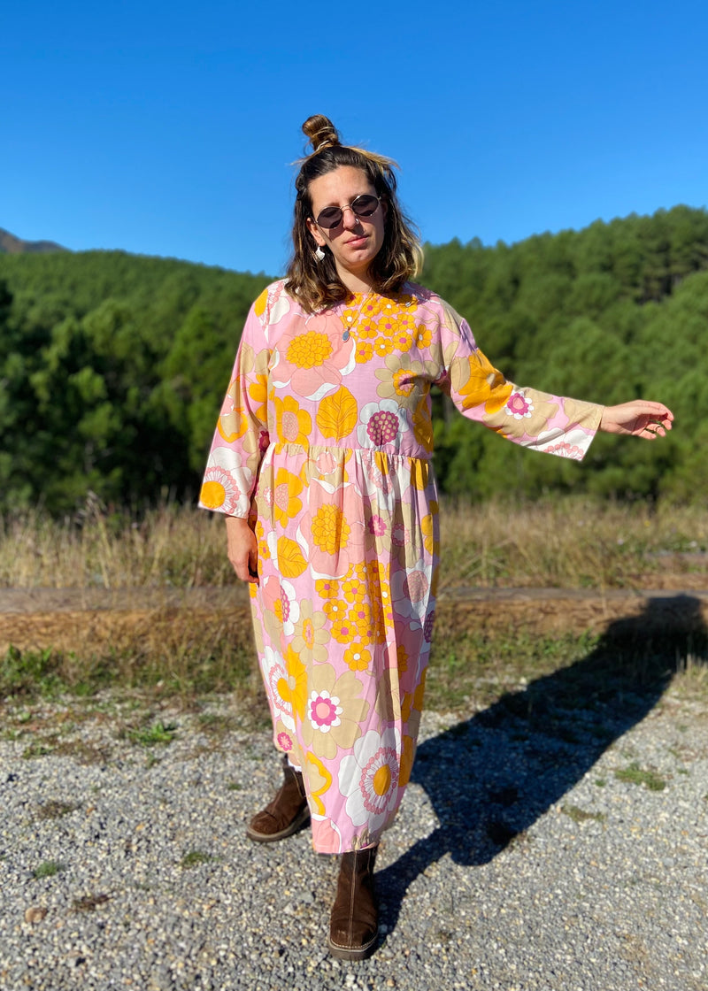 DESERT FOX Dahlia Midi Dress - Pink & Orange 70's Florals - M/L