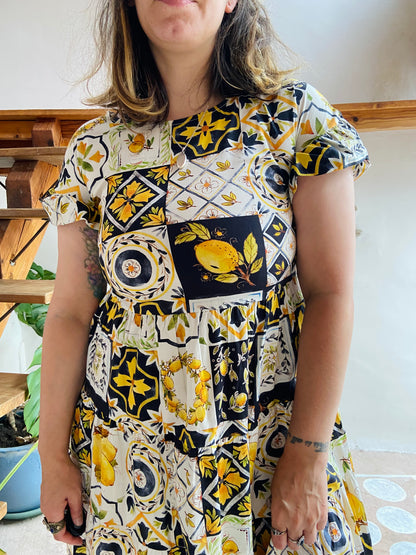 VINTAGE 70's Lemon Patchwork Print Cotton Sun Dress - S