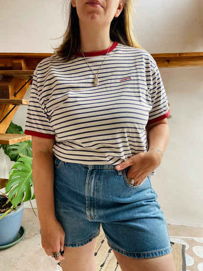 VINTAGE 90's Blue & White & Red Stripe Tee T-Shirt - M/L