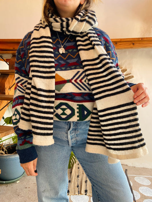 VINTAGE Black & White Stripe Long Scarf - ONE SIZE