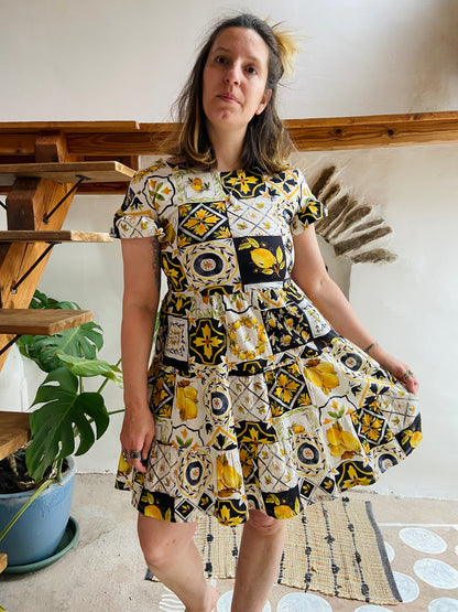 VINTAGE 70's Lemon Patchwork Print Cotton Sun Dress - S