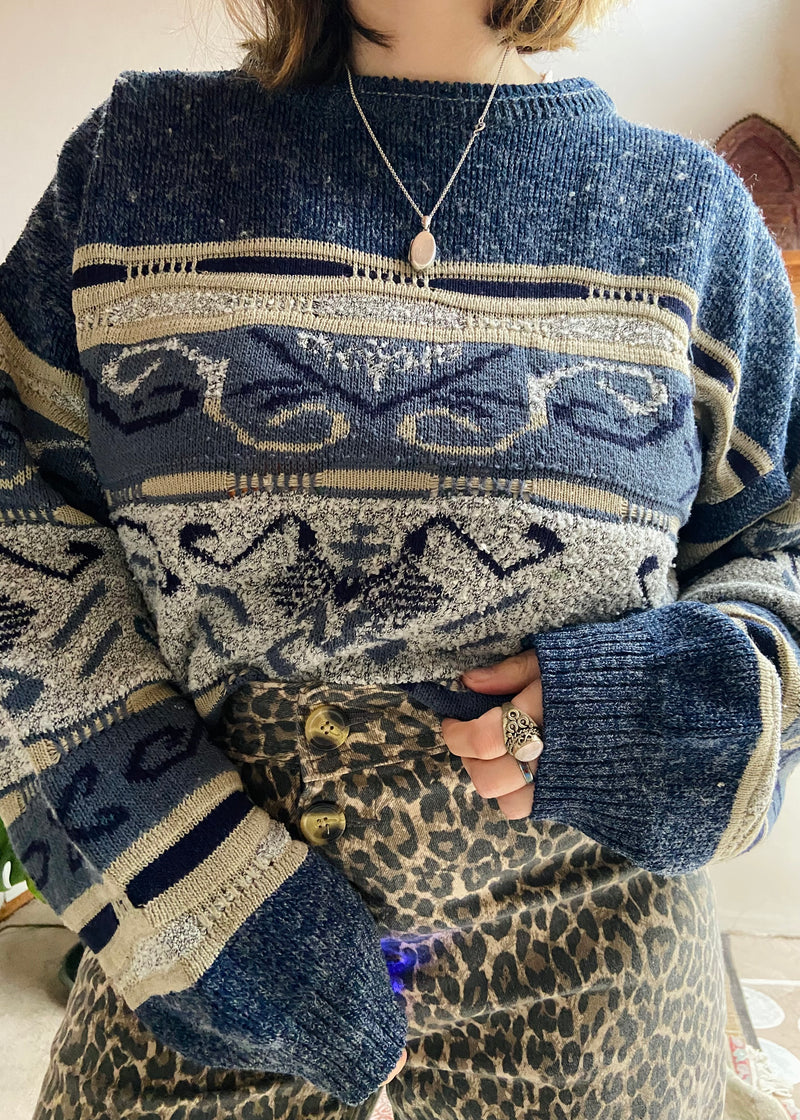 VINTAGE 90's Blue Patterned Knit Jumper - M/L