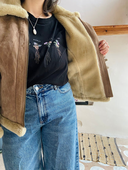 VINTAGE Retro Suede Tan Faux Fur Jacket Coat - M/L